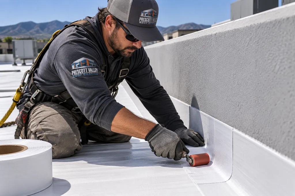 Roofer installing flashing tape at a commercial roof parapet