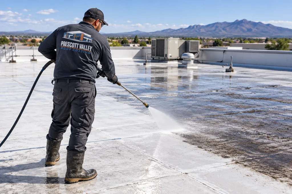 Worker washing a commercial roof membrane before coating preparation
