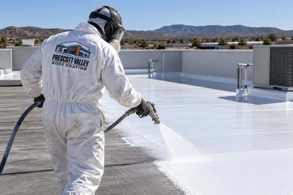 Applicator spraying white silicone coating on a commercial roof