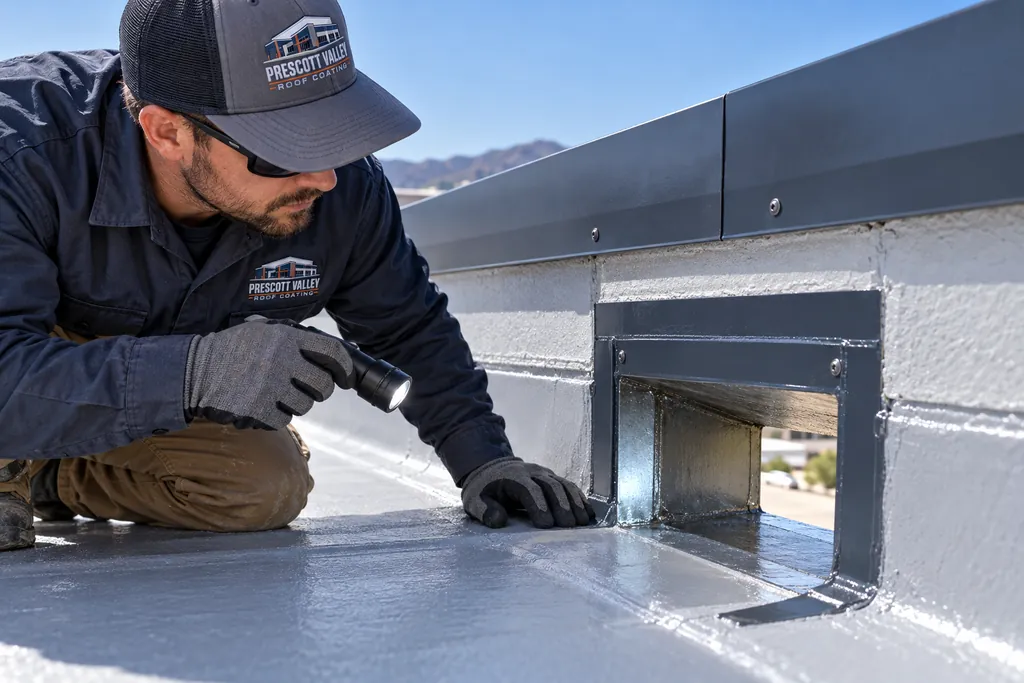 Worker inspecting a commercial roof scupper and metal flashing