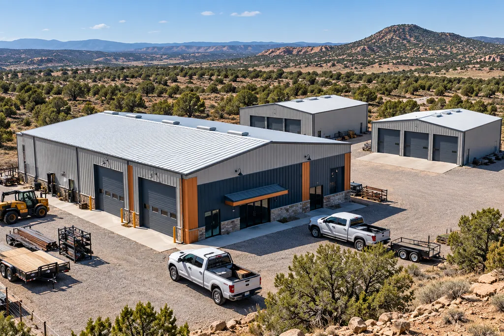 Metal workshop and storage buildings around a rural commercial yard