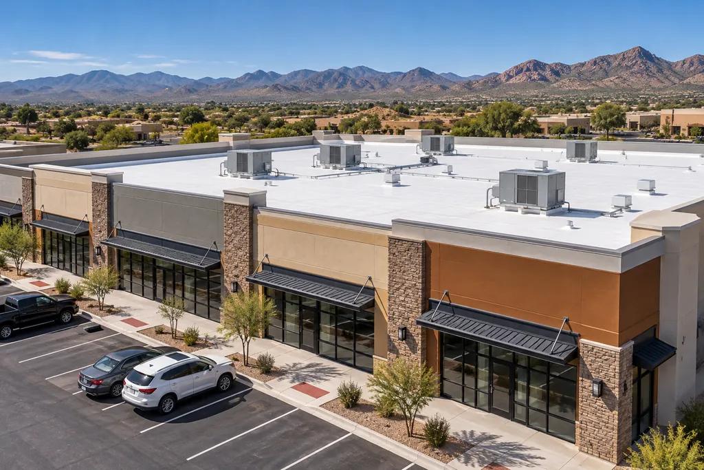 Retail strip building with a low-slope roof and rooftop HVAC units