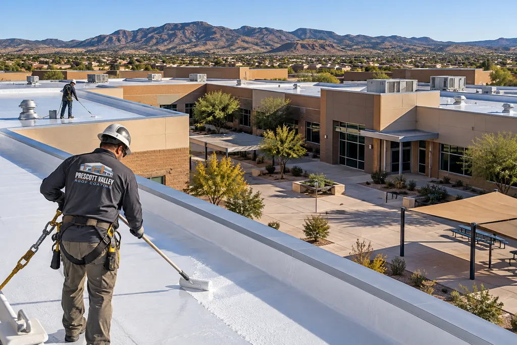 Roof coating work above an empty school courtyard