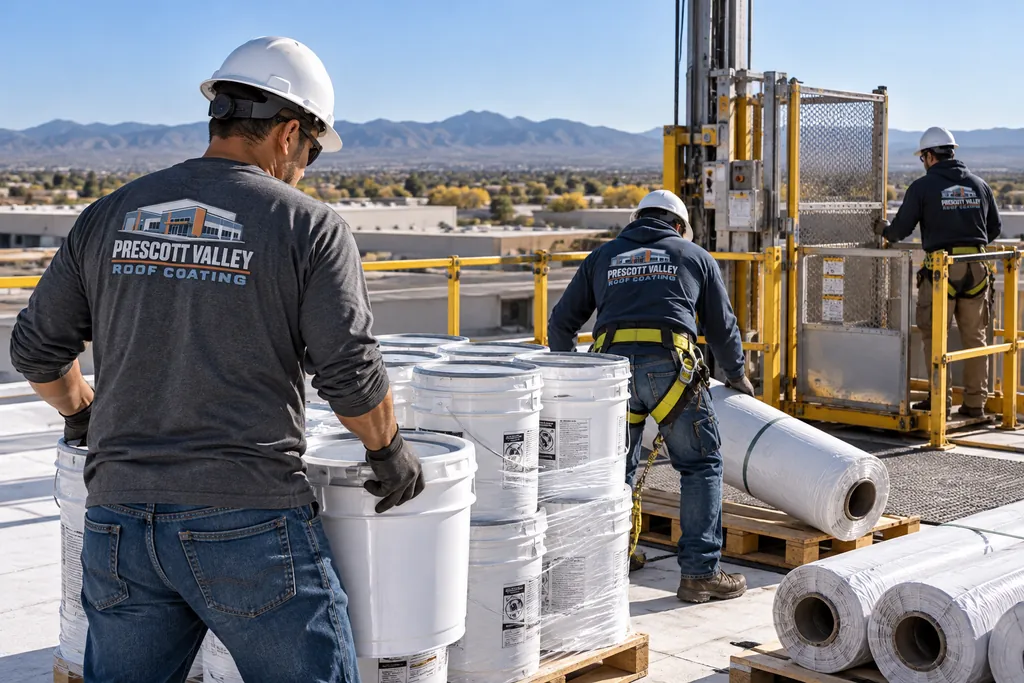 Roofing crew staging materials beside a lift on a commercial roof