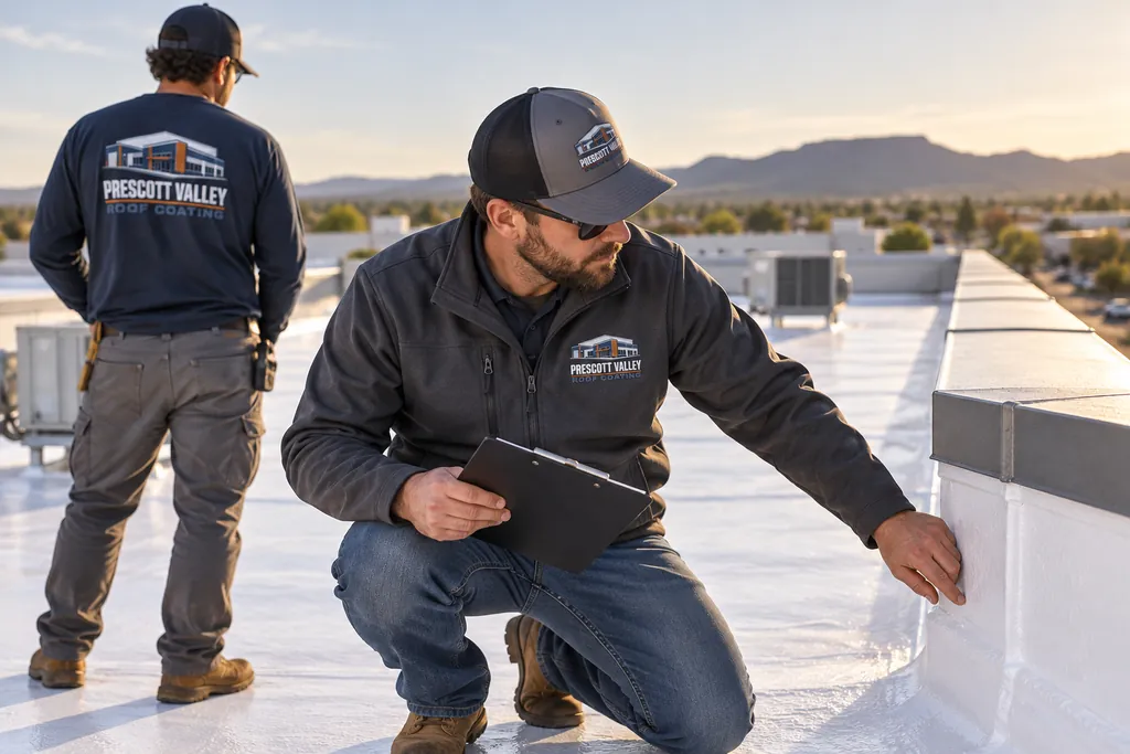 Inspector reviewing flashing details on a white-coated commercial roof